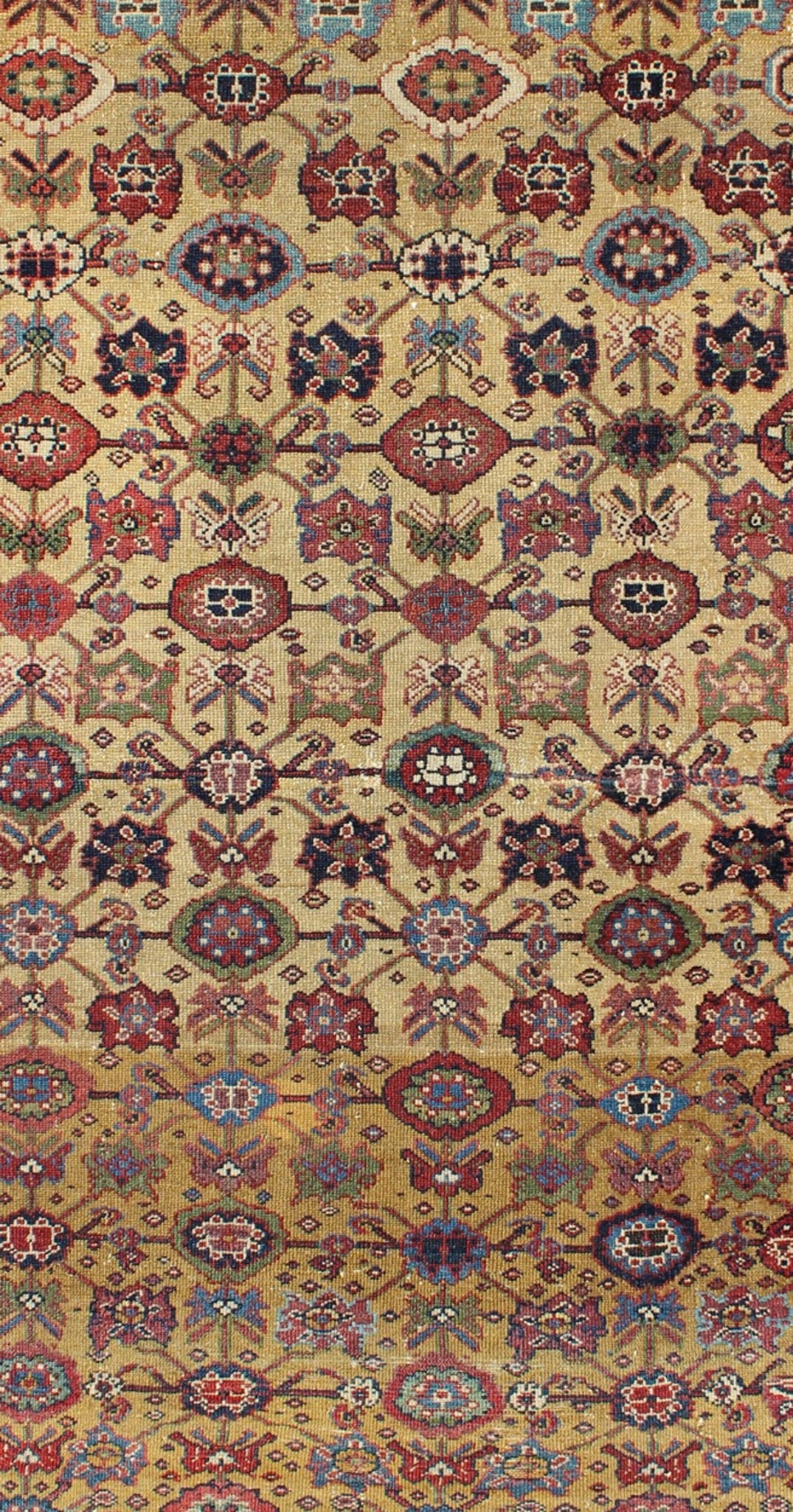All Over Geometric Antique Persian Malayer Rug in Yellow, Red, Blue, Green, Keivan Woven Arts / rug 18 - 0404, country of origin / type: Iran / Malayer, circa 1910. This beautiful antique early 20th century Persian Malayer carpet features an all - o... - Keivan Woven Arts18 - 0404 - 9364Rug