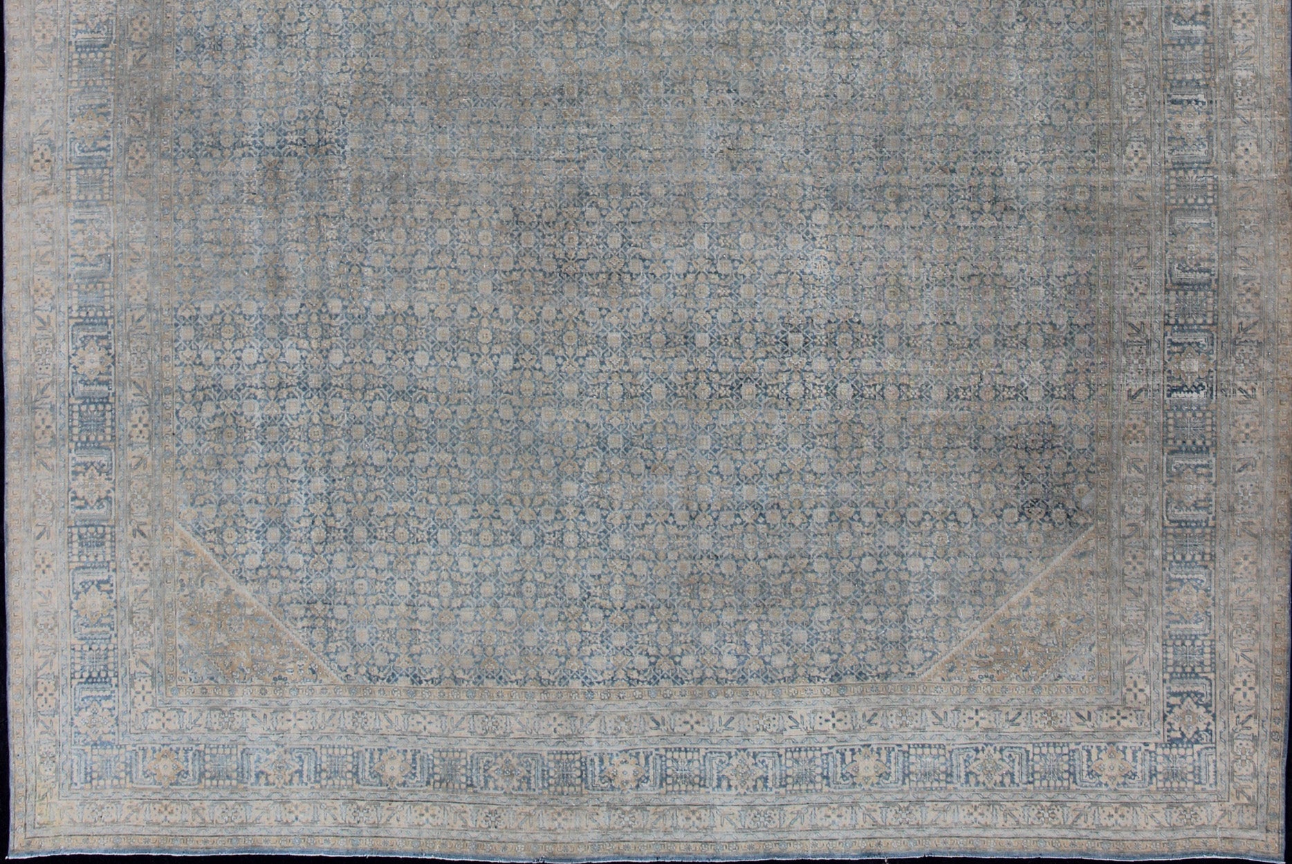 Large Antique Persian Tabriz Rug In All - Over Herati in Shades of Blue and Tan. Antique Persian Large Tabriz Rug In All - Over Herati Design in Shades of Blue and Tan. Keivan Woven Arts/ rug 18 - 0701, country of origin / type: Iran/ Tabriz, circa 19... - Keivan Woven Arts18 - 0701 - 9996Rug