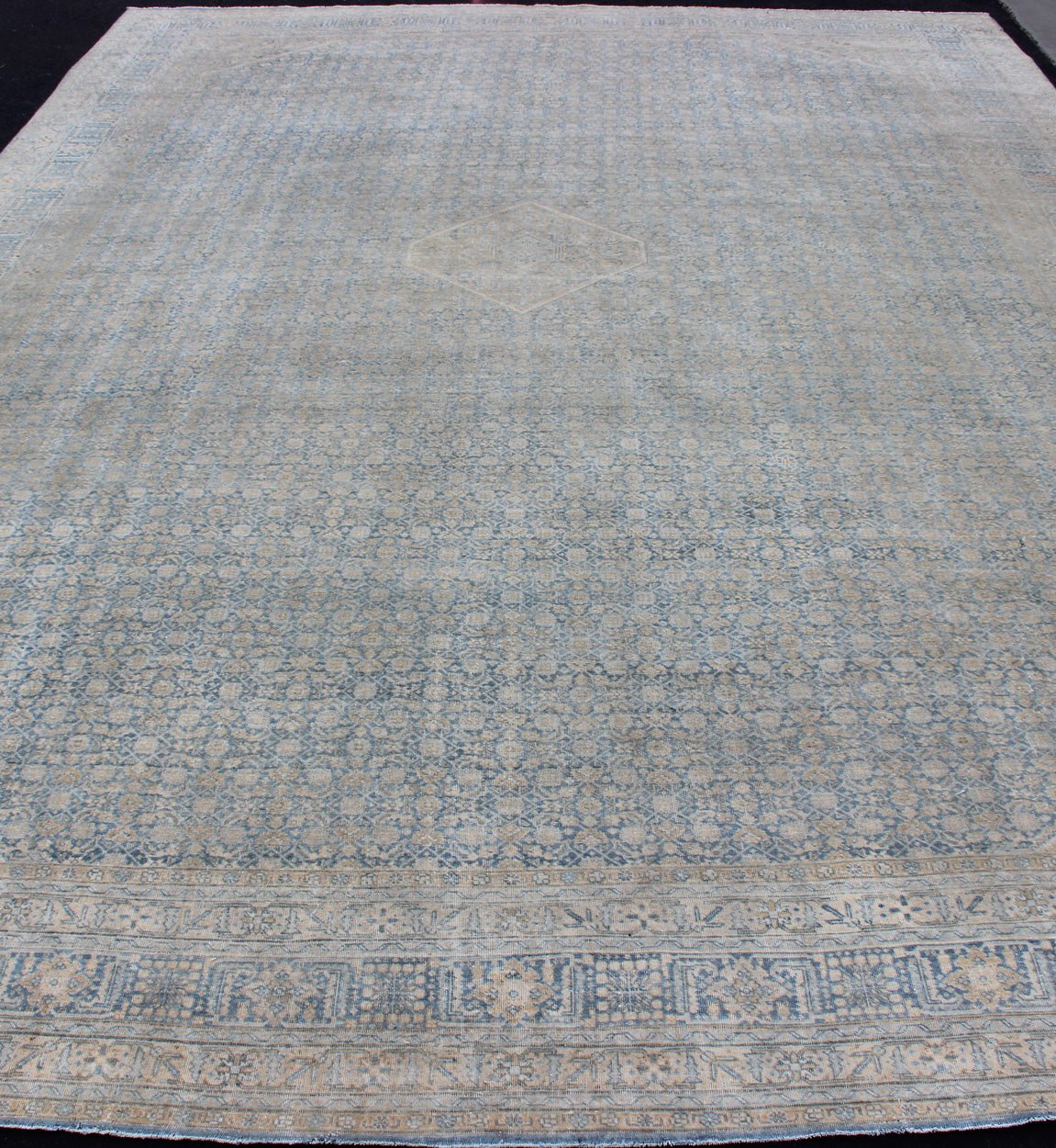 Large Antique Persian Tabriz Rug In All - Over Herati in Shades of Blue and Tan. Antique Persian Large Tabriz Rug In All - Over Herati Design in Shades of Blue and Tan. Keivan Woven Arts/ rug 18 - 0701, country of origin / type: Iran/ Tabriz, circa 19... - Keivan Woven Arts18 - 0701 - 9996Rug