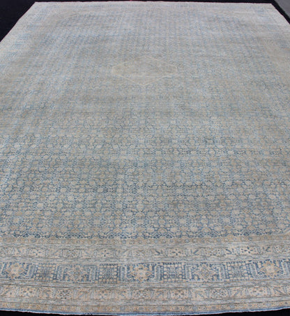 Large Antique Persian Tabriz Rug In All - Over Herati in Shades of Blue and Tan. Antique Persian Large Tabriz Rug In All - Over Herati Design in Shades of Blue and Tan. Keivan Woven Arts/ rug 18 - 0701, country of origin / type: Iran/ Tabriz, circa 19... - Keivan Woven Arts18 - 0701 - 9996Rug