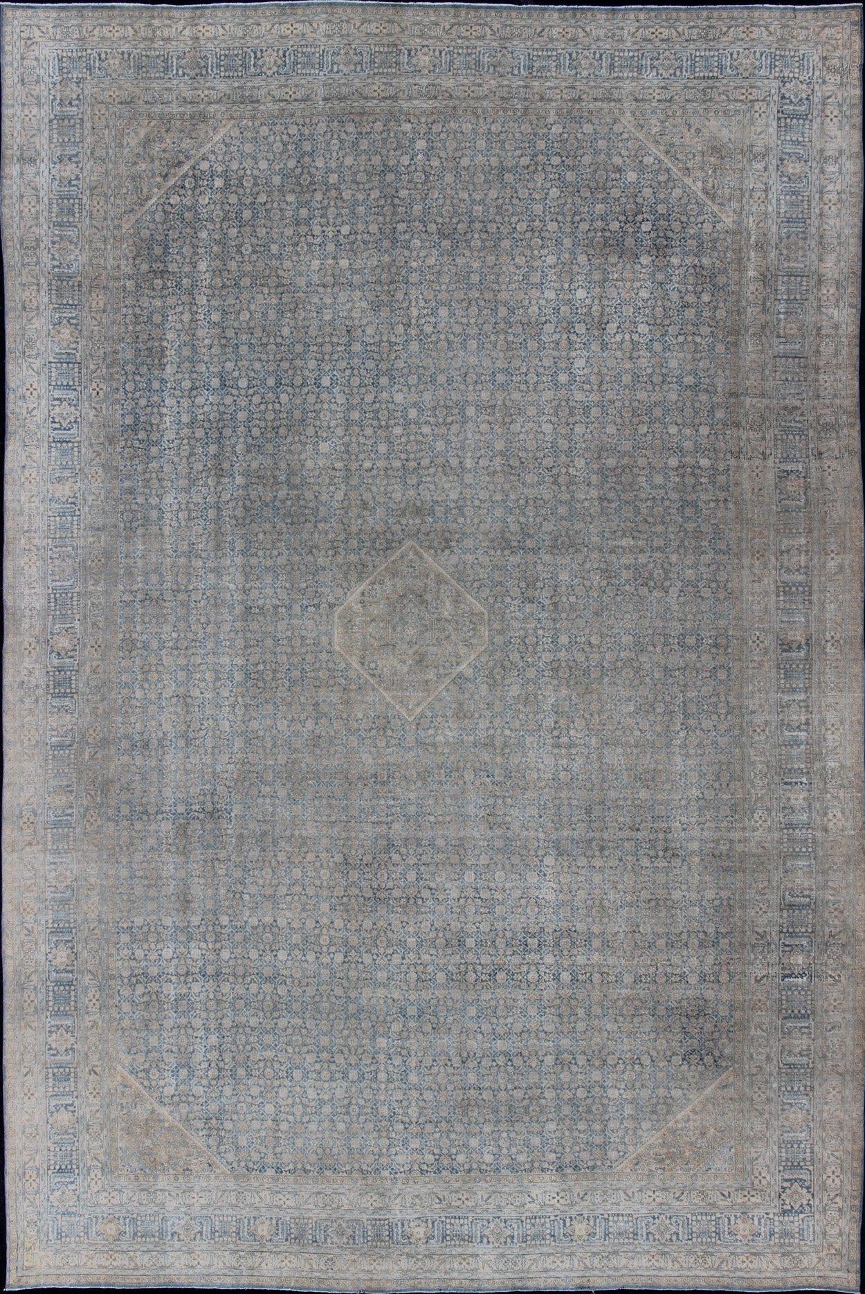 Large Antique Persian Tabriz Rug In All - Over Herati in Shades of Blue and Tan. Antique Persian Large Tabriz Rug In All - Over Herati Design in Shades of Blue and Tan. Keivan Woven Arts/ rug 18 - 0701, country of origin / type: Iran/ Tabriz, circa 19... - Keivan Woven Arts18 - 0701 - 9996Rug
