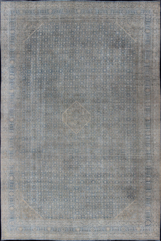 Large Antique Persian Tabriz Rug In All - Over Herati in Shades of Blue and Tan. Antique Persian Large Tabriz Rug In All - Over Herati Design in Shades of Blue and Tan. Keivan Woven Arts/ rug 18 - 0701, country of origin / type: Iran/ Tabriz, circa 19... - Keivan Woven Arts18 - 0701 - 9996Rug