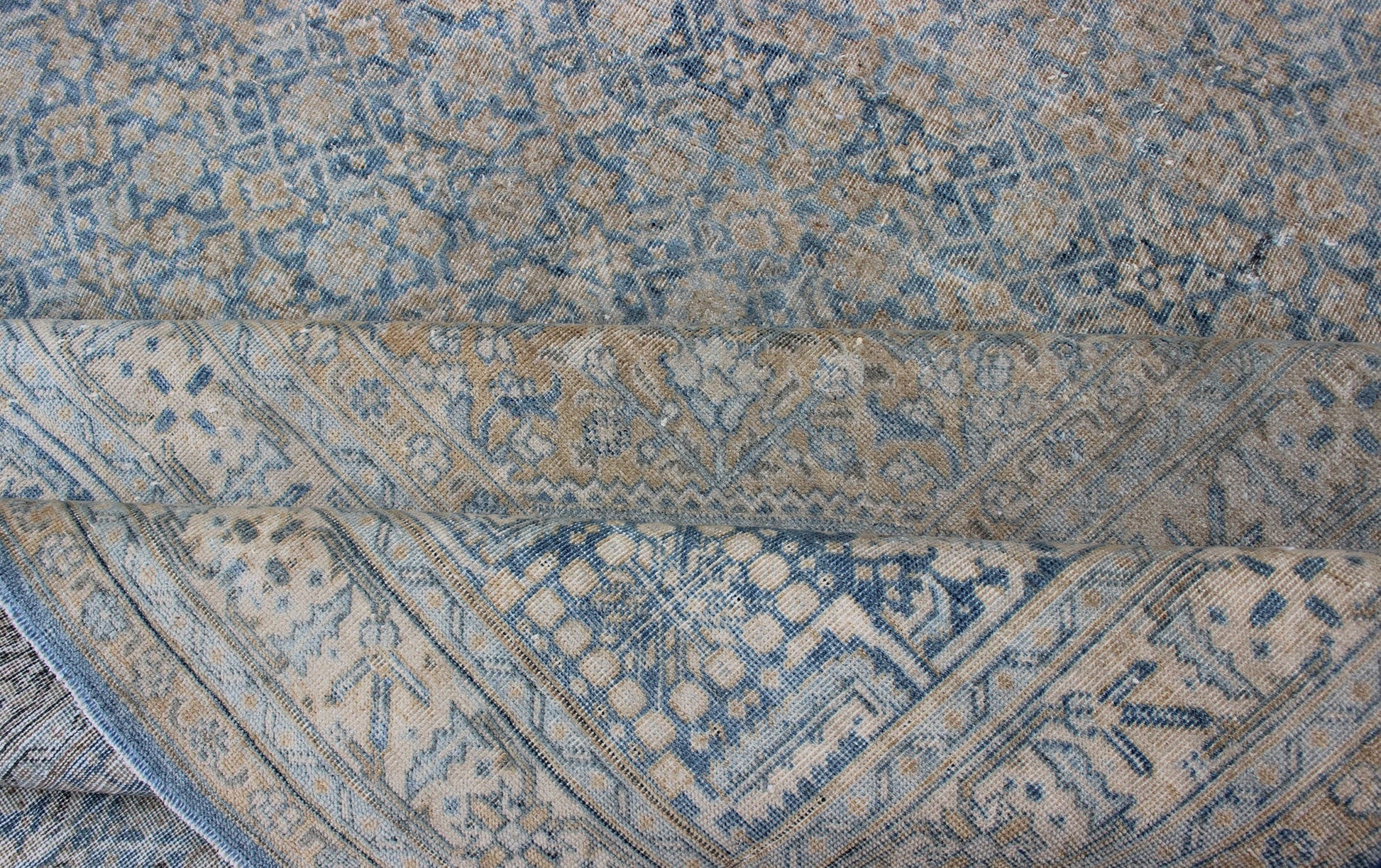 Large Antique Persian Tabriz Rug In All - Over Herati in Shades of Blue and Tan. Antique Persian Large Tabriz Rug In All - Over Herati Design in Shades of Blue and Tan. Keivan Woven Arts/ rug 18 - 0701, country of origin / type: Iran/ Tabriz, circa 19... - Keivan Woven Arts18 - 0701 - 9996Rug