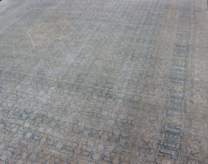 Large Antique Persian Tabriz Rug In All - Over Herati in Shades of Blue and Tan. Antique Persian Large Tabriz Rug In All - Over Herati Design in Shades of Blue and Tan. Keivan Woven Arts/ rug 18 - 0701, country of origin / type: Iran/ Tabriz, circa 19... - Keivan Woven Arts18 - 0701 - 9996Rug