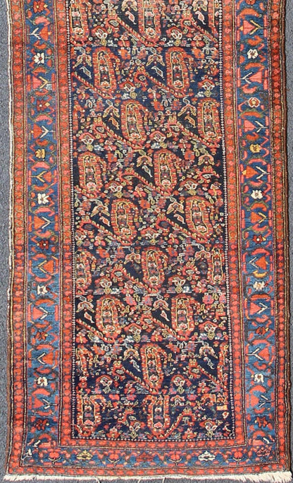 Blue and Burnt Orange Antique Persian Malayer Runner with All - Over Design. All - over sub - geometric design antique Persian Malayer runner in shades of blue and burnt orange, rug 18 - 0703, country of origin / type: Iran / Malayer, circa 1900. Th... - Keivan Woven Arts18 - 0703 - 10006Rug