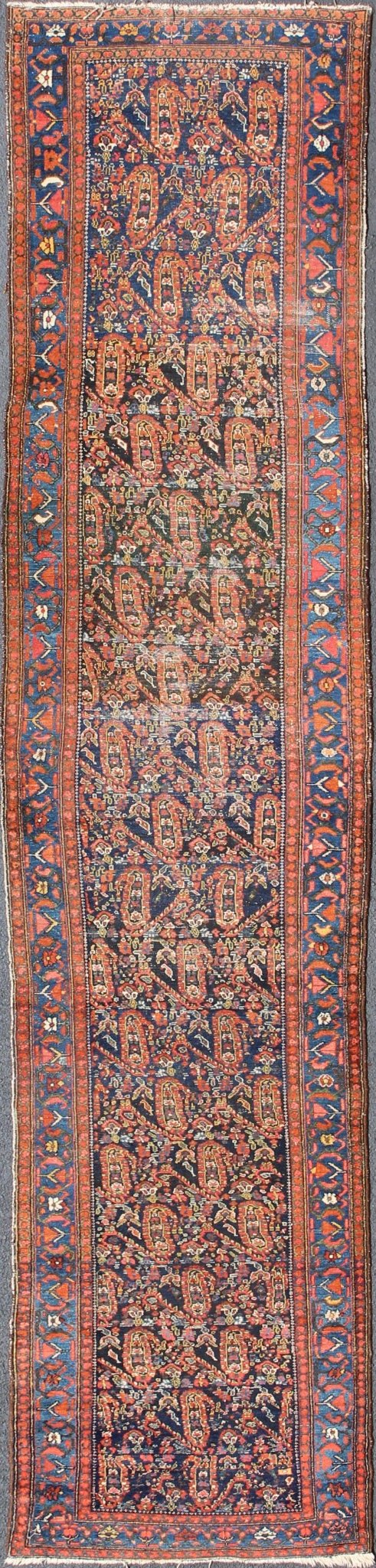 Blue and Burnt Orange Antique Persian Malayer Runner with All - Over Design. All - over sub - geometric design antique Persian Malayer runner in shades of blue and burnt orange, rug 18 - 0703, country of origin / type: Iran / Malayer, circa 1900. Th... - Keivan Woven Arts18 - 0703 - 10006Rug
