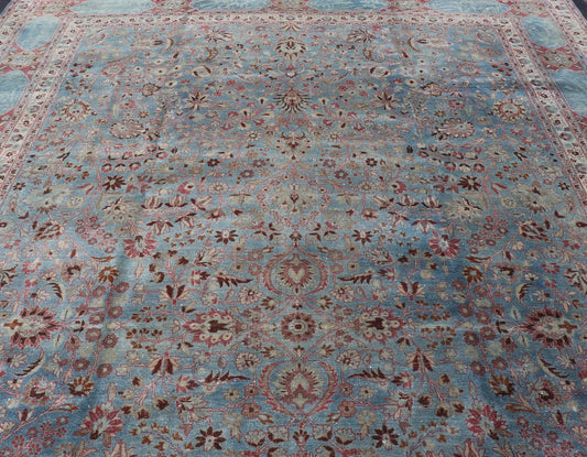 Antique Large Persian Mashhad On Light Blue Background by Keivan Woven Arts Antique large Persian Mashhad rug with inscriptions in light blue background, rose border. Keivan Woven Arts / rug 18 - 0807, country of origin / type: Iran / Mashhad,... - Keivan Woven Arts18 - 0807 - 10386
