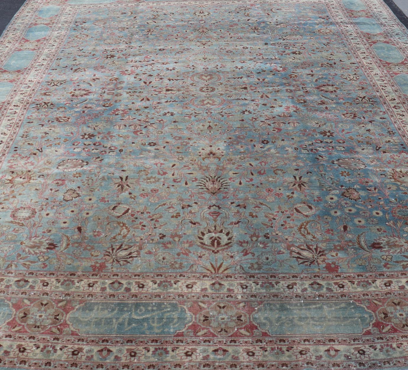 Antique Large Persian Mashhad On Light Blue Background by Keivan Woven Arts Antique large Persian Mashhad rug with inscriptions in light blue background, rose border. Keivan Woven Arts / rug 18 - 0807, country of origin / type: Iran / Mashhad,... - Keivan Woven Arts18 - 0807 - 10386Rug