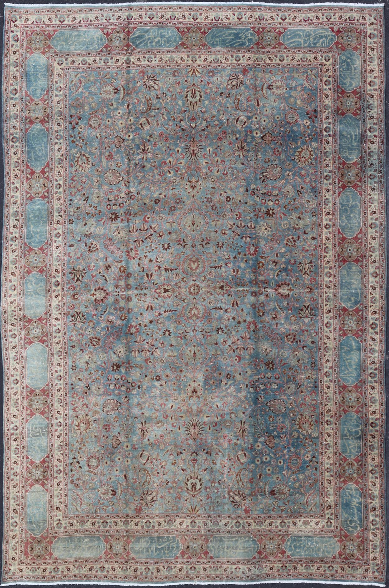 Antique Large Persian Mashhad On Light Blue Background by Keivan Woven Arts Antique large Persian Mashhad rug with inscriptions in light blue background, rose border. Keivan Woven Arts / rug 18 - 0807, country of origin / type: Iran / Mashhad,... - Keivan Woven Arts18 - 0807 - 10386Rug