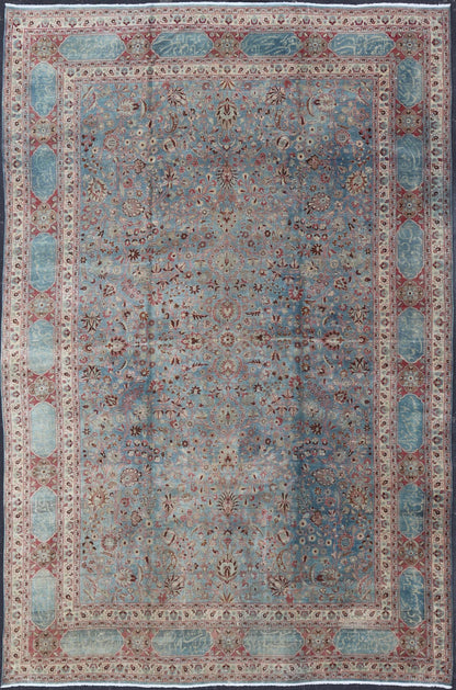 Antique Large Persian Mashhad On Light Blue Background by Keivan Woven Arts Antique large Persian Mashhad rug with inscriptions in light blue background, rose border. Keivan Woven Arts / rug 18 - 0807, country of origin / type: Iran / Mashhad,... - Keivan Woven Arts18 - 0807 - 10386Rug