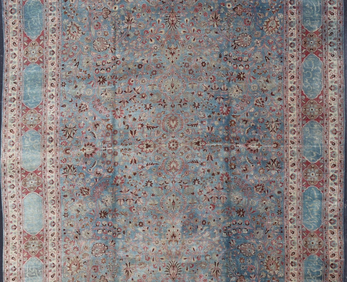 Antique Large Persian Mashhad On Light Blue Background by Keivan Woven Arts Antique large Persian Mashhad rug with inscriptions in light blue background, rose border. Keivan Woven Arts / rug 18 - 0807, country of origin / type: Iran / Mashhad,... - Keivan Woven Arts18 - 0807 - 10386Rug