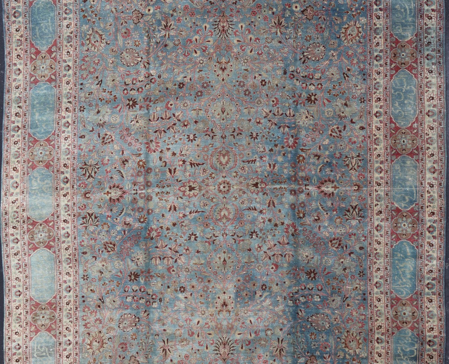 Antique Large Persian Mashhad On Light Blue Background by Keivan Woven Arts Antique large Persian Mashhad rug with inscriptions in light blue background, rose border. Keivan Woven Arts / rug 18 - 0807, country of origin / type: Iran / Mashhad,... - Keivan Woven Arts18 - 0807 - 10386Rug