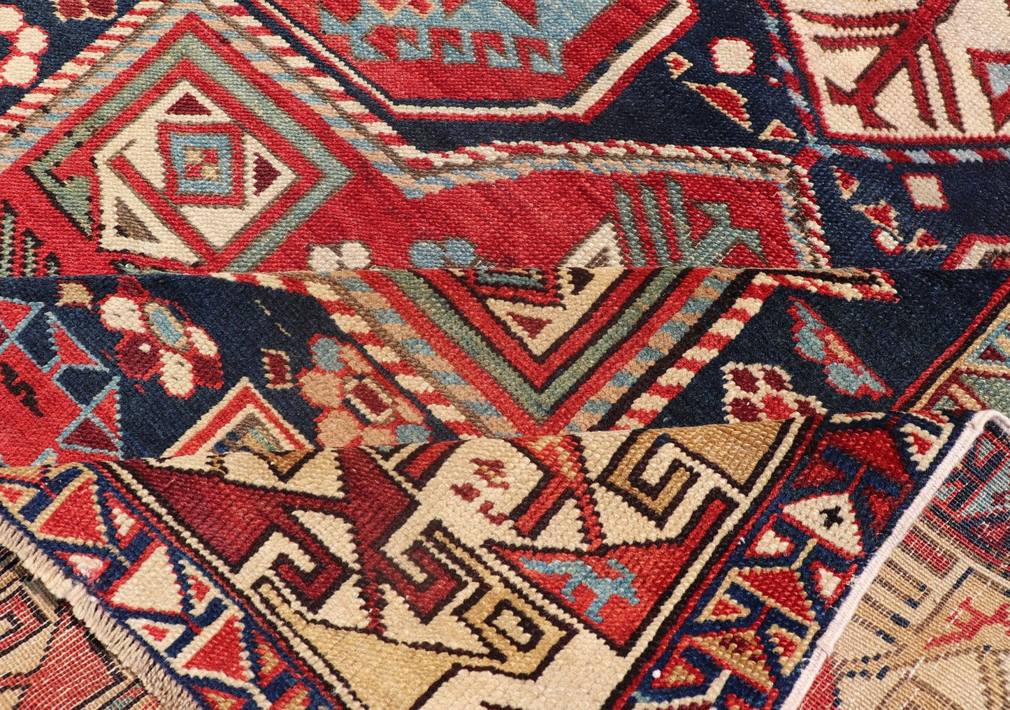 Multicolored Medallions Antique Caucasian Kazak Rug with Geometrics Motifs Geometric Design Kazak Caucasian Antique rug in jewel tones with layered medallions. Keivan Woven Arts / rug 18 - 1001, country of origin / type: Caucasus Kazak rugs... - Keivan Woven Arts18 - 1001 - 10571Rug