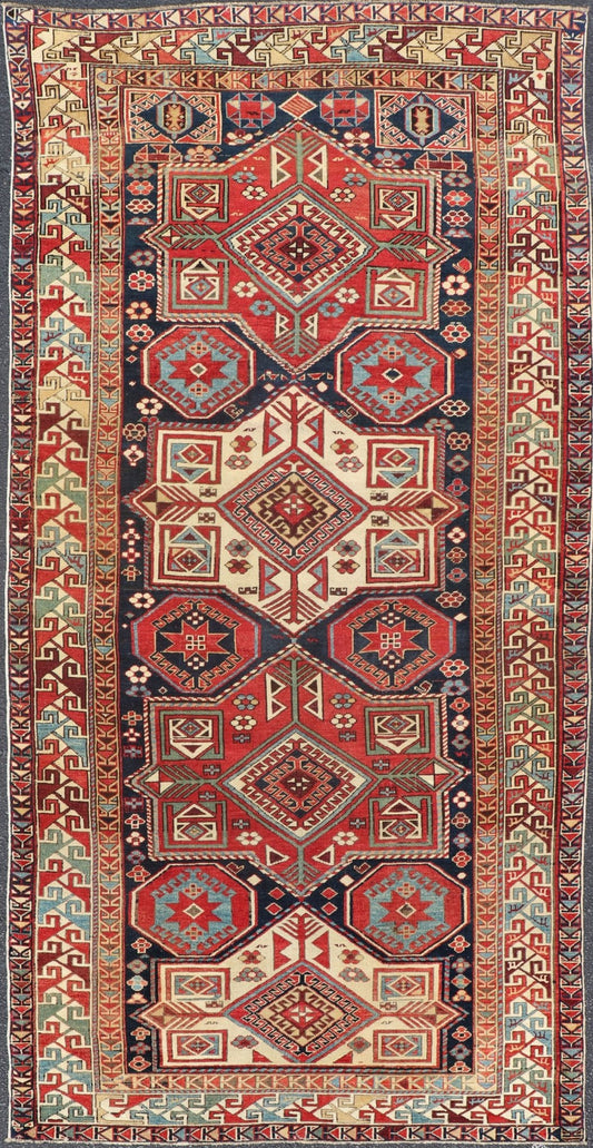 Multicolored Medallions Antique Caucasian Kazak Rug with Geometrics Motifs Geometric Design Kazak Caucasian Antique rug in jewel tones with layered medallions. Keivan Woven Arts / rug 18 - 1001, country of origin / type: Caucasus Kazak rugs... - Keivan Woven Arts18 - 1001 - 10571Rug