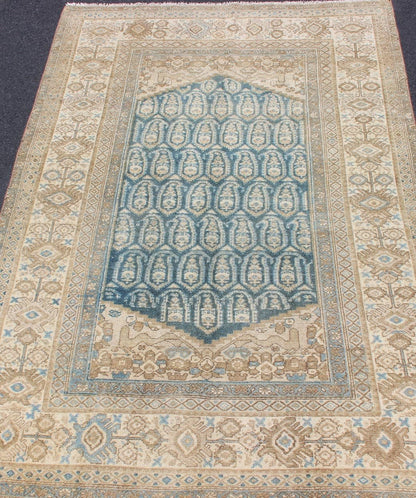 Antique Persian Malayer Rug with Traditional All - Over Design and Large Borders Antique Malayer rug from Persia in Taupe, nude, and Aegean blue, rug 19 - 0104, country of origin / type: Iran / Malayer, circa 1900. This beautiful antique Mala... - Keivan Woven Arts19 - 0104 - 11102Rug