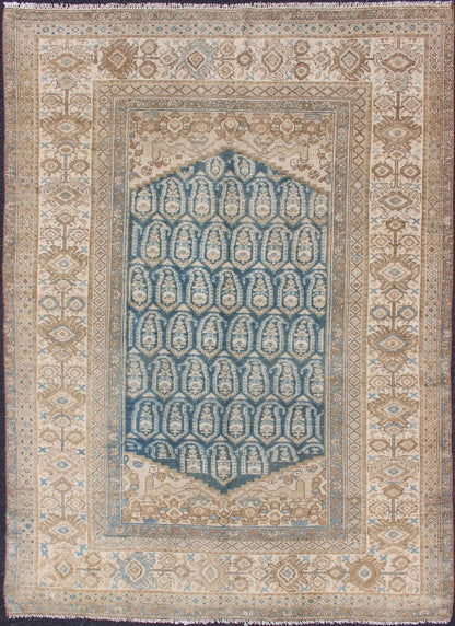 Antique Persian Malayer Rug with Traditional All - Over Design and Large Borders Antique Malayer rug from Persia in Taupe, nude, and Aegean blue, rug 19 - 0104, country of origin / type: Iran / Malayer, circa 1900. This beautiful antique Mala... - Keivan Woven Arts19 - 0104 - 11102Rug