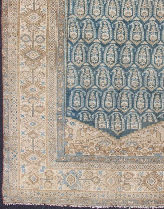 Antique Persian Malayer Rug with Traditional All - Over Design and Large Borders Antique Malayer rug from Persia in Taupe, nude, and Aegean blue, rug 19 - 0104, country of origin / type: Iran / Malayer, circa 1900. This beautiful antique Mala... - Keivan Woven Arts19 - 0104 - 11102Rug