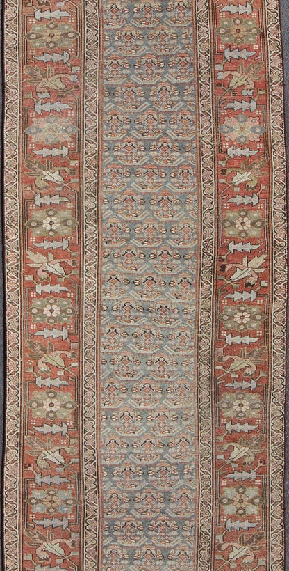 Gray background and soft red - colored Persian Kurdish antique runner in Tribal design with geometric motifs, rug 19 - 0105, country of origin / type: Iran / Kurdish, circa 1900. This antique Kurdish tribal rug was woven by Kurdish weavers in wester... - Keivan Woven Arts19 - 0105 - 11106Rug