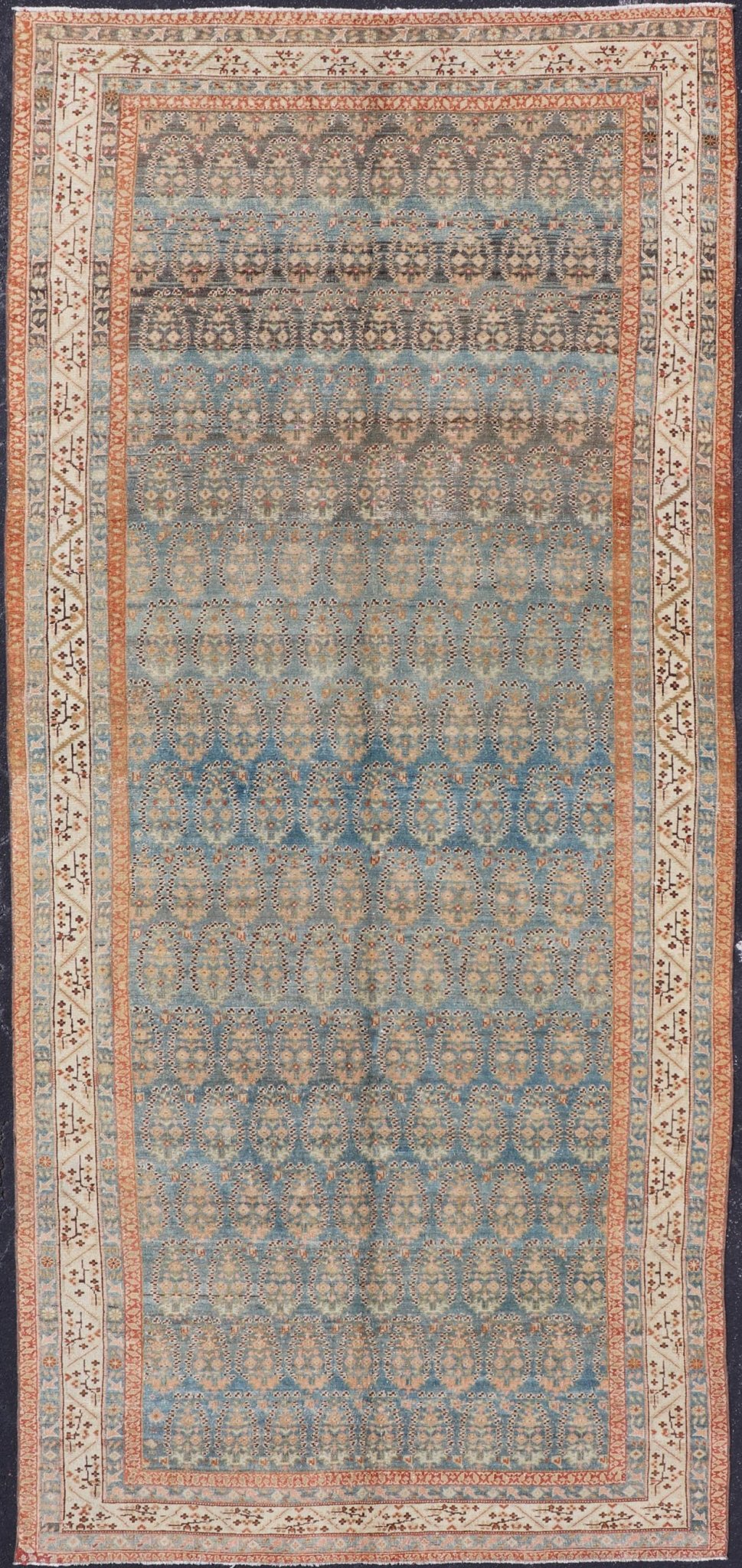 Antique Persian Malayer Gallery Rug with Paisley Design in Light Blue Background. Persian Antique Malayer Gallery Rug with Floral Geometric Design, rug 19 - 0206, country of origin / type: Iran / Malayer, circa 1900. Measures: 6'1 x 14'6 This antiq... - Keivan Woven Arts19 - 0206 - 11128Rug