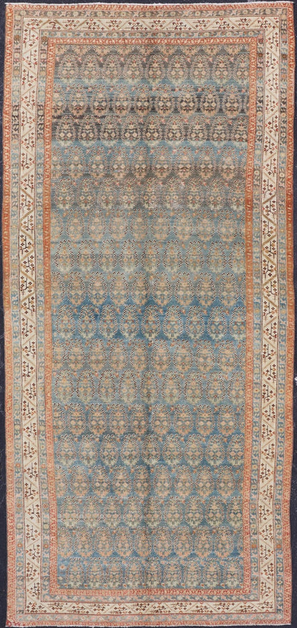 Antique Persian Malayer Gallery Rug with Paisley Design in Light Blue Background. Persian Antique Malayer Gallery Rug with Floral Geometric Design, rug 19 - 0206, country of origin / type: Iran / Malayer, circa 1900. Measures: 6'1 x 14'6 This antiq... - Keivan Woven Arts19 - 0206 - 11128Rug