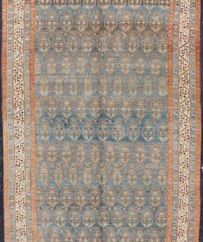 Antique Persian Malayer Gallery Rug with Paisley Design in Light Blue Background. Persian Antique Malayer Gallery Rug with Floral Geometric Design, rug 19 - 0206, country of origin / type: Iran / Malayer, circa 1900. Measures: 6'1 x 14'6 This antiq... - Keivan Woven Arts19 - 0206 - 11128Rug