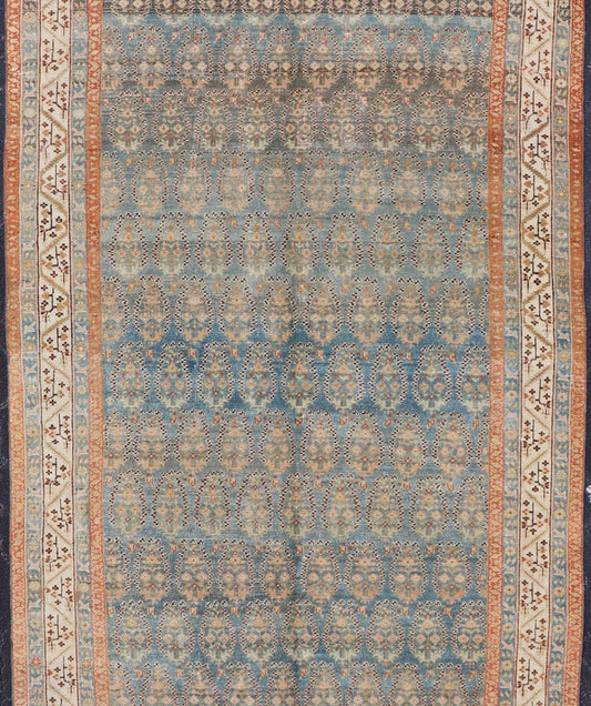 Antique Persian Malayer Gallery Rug with Paisley Design in Light Blue Background. Persian Antique Malayer Gallery Rug with Floral Geometric Design, rug 19 - 0206, country of origin / type: Iran / Malayer, circa 1900. Measures: 6'1 x 14'6 This antiq... - Keivan Woven Arts19 - 0206 - 11128Rug