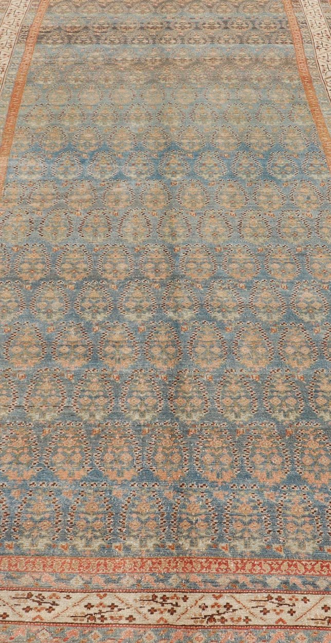 Antique Persian Malayer Gallery Rug with Paisley Design in Light Blue Background. Persian Antique Malayer Gallery Rug with Floral Geometric Design, rug 19 - 0206, country of origin / type: Iran / Malayer, circa 1900. Measures: 6'1 x 14'6 This antiq... - Keivan Woven Arts19 - 0206 - 11128Rug