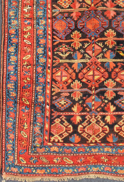 All - Over Tribal Design Antique Persian Tribal Kurdish Rug in Blue & Red Terracotta Red, Salmon Brick Red Navy Blue, Green. Yellow and medium blue Persian antique tribal Kurdish rug, rug 19 - 0207, country of origin / type: Iran / Kurdish, circa 1900. ... - Keivan Woven Arts19 - 0207 - 11134Rug