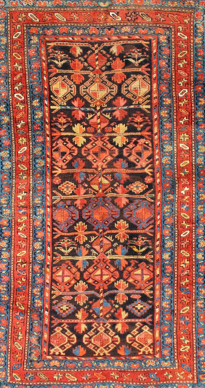 All - Over Tribal Design Antique Persian Tribal Kurdish Rug in Blue & Red Terracotta Red, Salmon Brick Red Navy Blue, Green. Yellow and medium blue Persian antique tribal Kurdish rug, rug 19 - 0207, country of origin / type: Iran / Kurdish, circa 1900. ... - Keivan Woven Arts19 - 0207 - 11134Rug