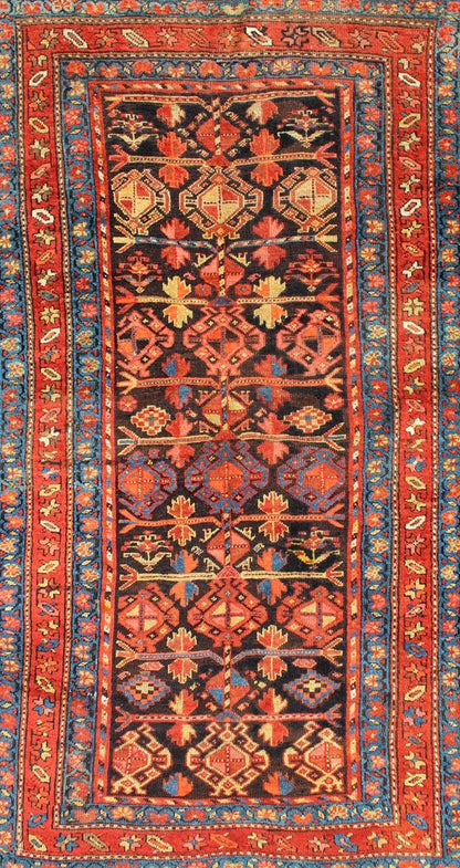 All - Over Tribal Design Antique Persian Tribal Kurdish Rug in Blue & Red Terracotta Red, Salmon Brick Red Navy Blue, Green. Yellow and medium blue Persian antique tribal Kurdish rug, rug 19 - 0207, country of origin / type: Iran / Kurdish, circa 1900. ... - Keivan Woven Arts19 - 0207 - 11134Rug