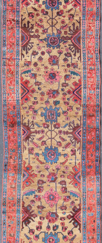 Antique Persian Hamadan Long Runner with Geometric Motifs in Light Camel Field. All - over geometric design Persian antique Hamedan runner in multicolored tones, rug 19 - 0209, country of origin / type: Iran / Hamedan, circa 1900 This antique Per... - Keivan Woven Arts19 - 0209 - 11138Rug