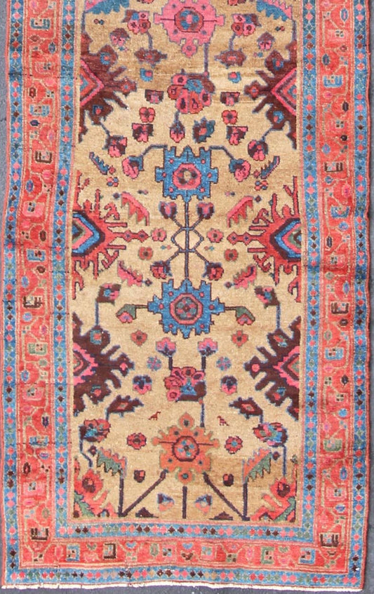Antique Persian Hamadan Long Runner with Geometric Motifs in Light Camel Field. All - over geometric design Persian antique Hamedan runner in multicolored tones, rug 19 - 0209, country of origin / type: Iran / Hamedan, circa 1900 This antique Per... - Keivan Woven Arts19 - 0209 - 11138Rug