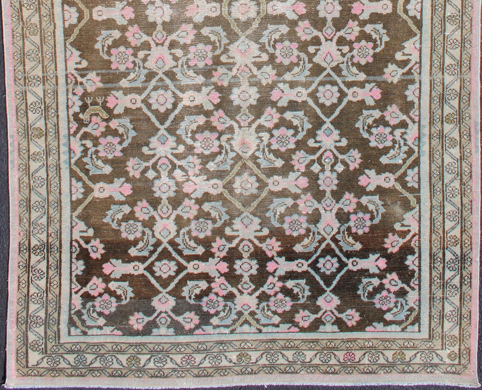 Pink, Gray, Charcoal and Brown Vintage Persian Hamadan Rug with Flower Design Floral design Hamedan vintage rug in brown and light color tones, rug 19 - 0212, origin / type: Iran / Hamedan, circa 1940 This beautiful vintage Hamedan rug from Per... - Keivan Woven Arts19 - 0212 - 11149Rug