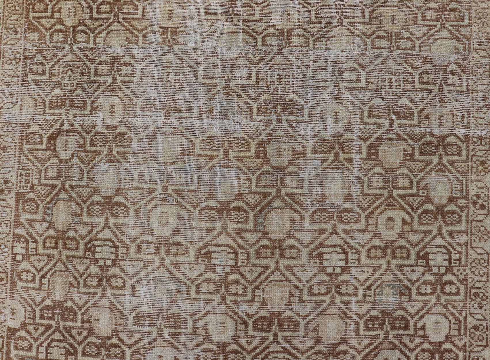 Persian Antique Malayer Rug with Layered Geometric Motifs in Tan, Taupe, Cream. Keivan Woven Arts / rug 19 - 0214, country of origin / type: Iran / Malayer, circa 1920. Measures: 4'5 x 5'1 This Persian Antique Malayer has held timeless charm with ... - Keivan Woven Arts19 - 0214 - 11153Rug