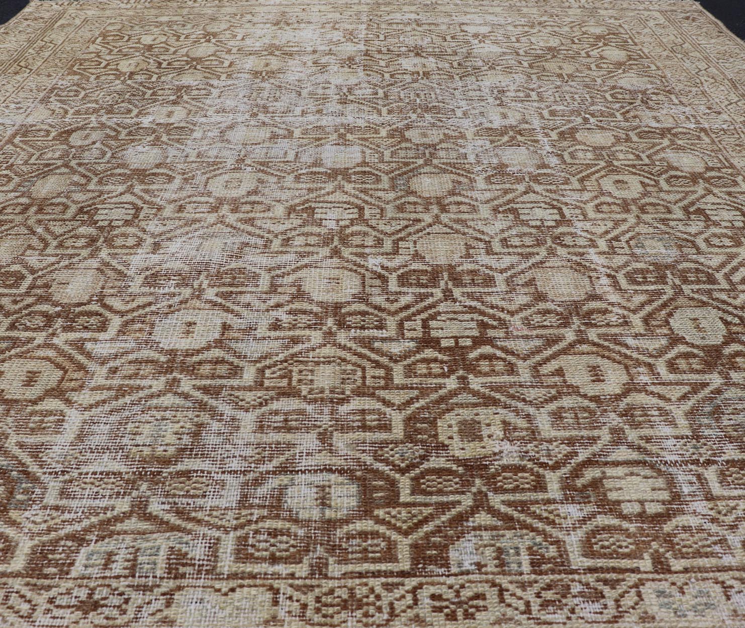 Persian Antique Malayer Rug with Layered Geometric Motifs in Tan, Taupe, Cream. Keivan Woven Arts / rug 19 - 0214, country of origin / type: Iran / Malayer, circa 1920. Measures: 4'5 x 5'1 This Persian Antique Malayer has held timeless charm with ... - Keivan Woven Arts19 - 0214 - 11153Rug