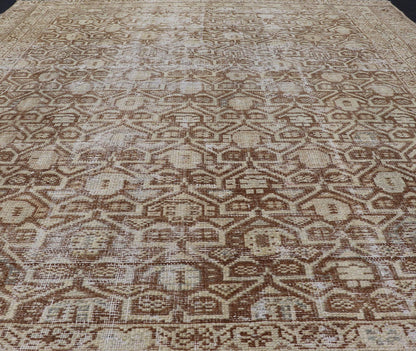 Persian Antique Malayer Rug with Layered Geometric Motifs in Tan, Taupe, Cream. Keivan Woven Arts / rug 19 - 0214, country of origin / type: Iran / Malayer, circa 1920. Measures: 4'5 x 5'1 This Persian Antique Malayer has held timeless charm with ... - Keivan Woven Arts19 - 0214 - 11153Rug