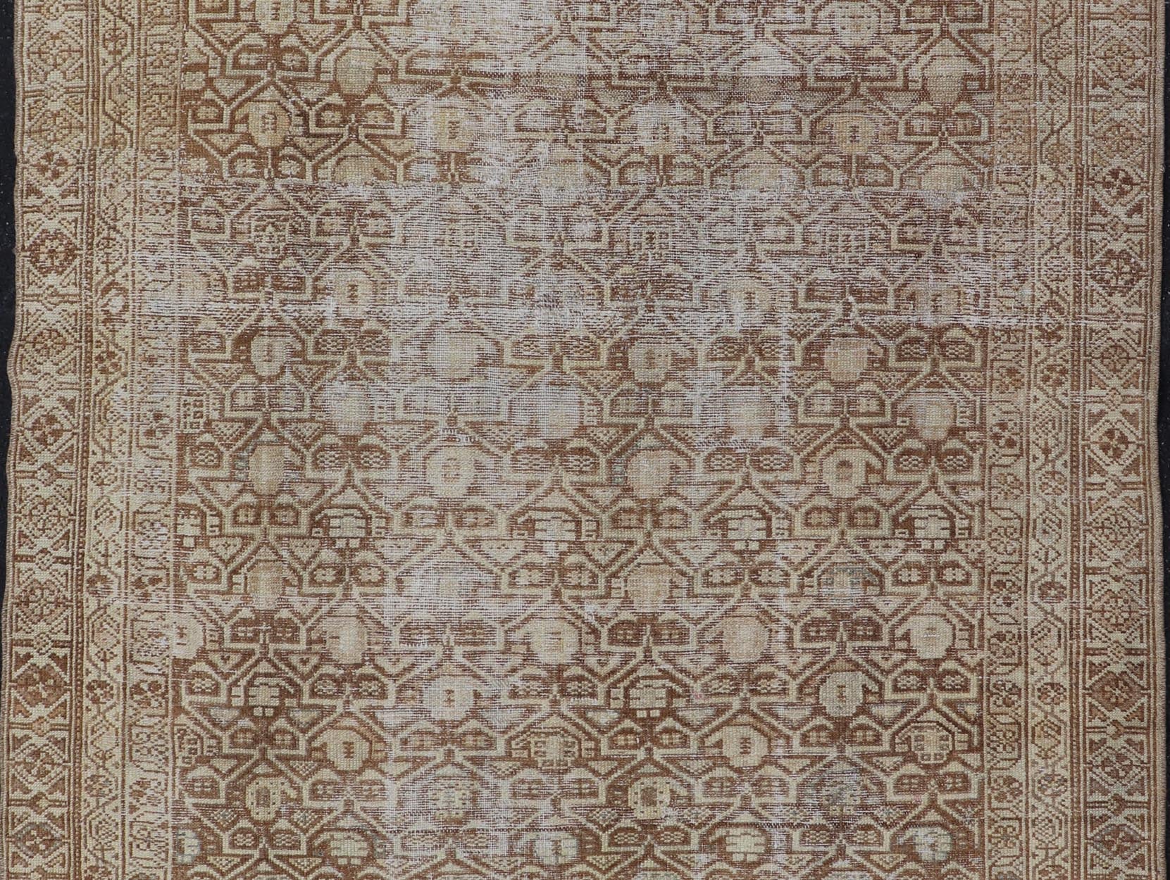 Persian Antique Malayer Rug with Layered Geometric Motifs in Tan, Taupe, Cream. Keivan Woven Arts / rug 19 - 0214, country of origin / type: Iran / Malayer, circa 1920. Measures: 4'5 x 5'1 This Persian Antique Malayer has held timeless charm with ... - Keivan Woven Arts19 - 0214 - 11153Rug