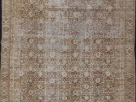 Persian Antique Malayer Rug with Layered Geometric Motifs in Tan, Taupe, Cream. Keivan Woven Arts / rug 19 - 0214, country of origin / type: Iran / Malayer, circa 1920. Measures: 4'5 x 5'1 This Persian Antique Malayer has held timeless charm with ... - Keivan Woven Arts19 - 0214 - 11153Rug