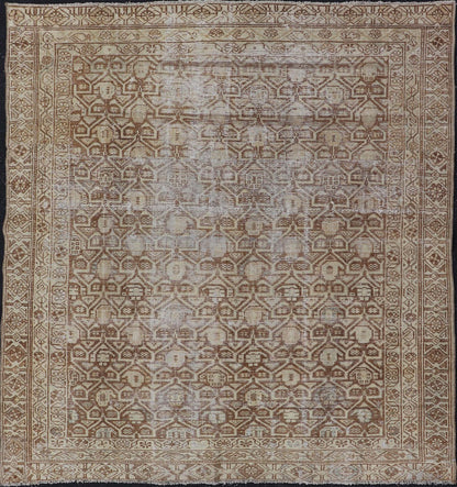Persian Antique Malayer Rug with Layered Geometric Motifs in Tan, Taupe, Cream. Keivan Woven Arts / rug 19 - 0214, country of origin / type: Iran / Malayer, circa 1920. Measures: 4'5 x 5'1 This Persian Antique Malayer has held timeless charm with ... - Keivan Woven Arts19 - 0214 - 11153Rug