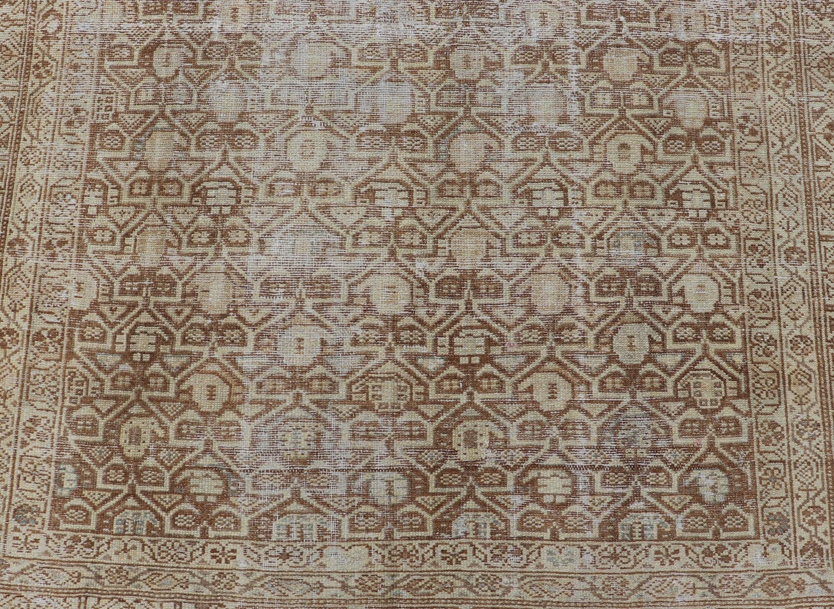 Persian Antique Malayer Rug with Layered Geometric Motifs in Tan, Taupe, Cream. Keivan Woven Arts / rug 19 - 0214, country of origin / type: Iran / Malayer, circa 1920. Measures: 4'5 x 5'1 This Persian Antique Malayer has held timeless charm with ... - Keivan Woven Arts19 - 0214 - 11153Rug