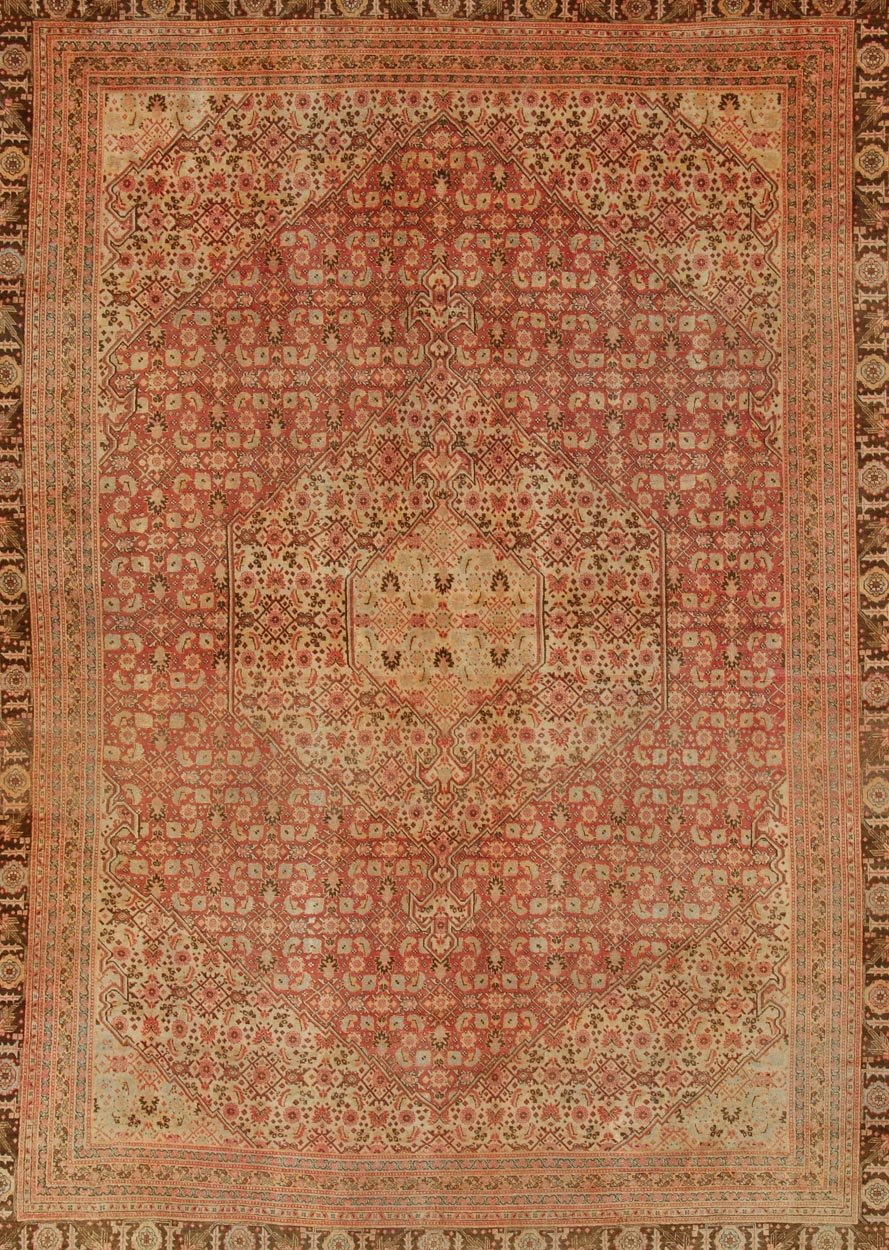 Tabriz antique rug from Persia with all - over design and medallion in multi - colors. Keivan Woven Arts / rug / 19 - 0216, country of origin / type: Iran / Tabriz, circa 1900. Antique Persian Tabriz rug with medallion design in coral, cream and brown tones.... - Keivan Woven Arts19 - 0216 - 11171Rug