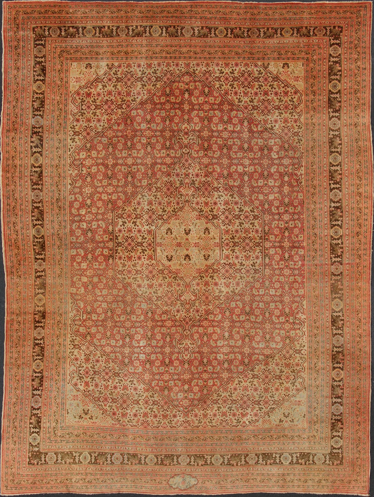 Tabriz antique rug from Persia with all - over design and medallion in multi - colors. Keivan Woven Arts / rug / 19 - 0216, country of origin / type: Iran / Tabriz, circa 1900. Antique Persian Tabriz rug with medallion design in coral, cream and brown tones.... - Keivan Woven Arts19 - 0216 - 11171Rug