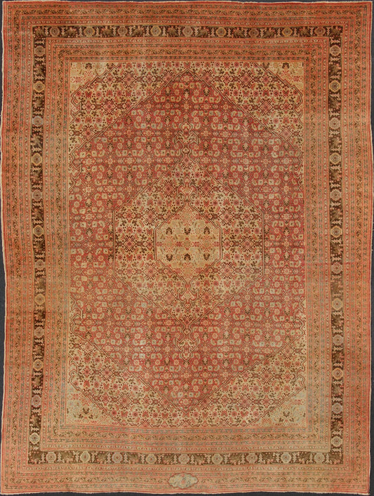 Tabriz antique rug from Persia with all - over design and medallion in multi - colors. Keivan Woven Arts / rug / 19 - 0216, country of origin / type: Iran / Tabriz, circa 1900. Antique Persian Tabriz rug with medallion design in coral, cream and brown tones.... - Keivan Woven Arts19 - 0216 - 11171Rug