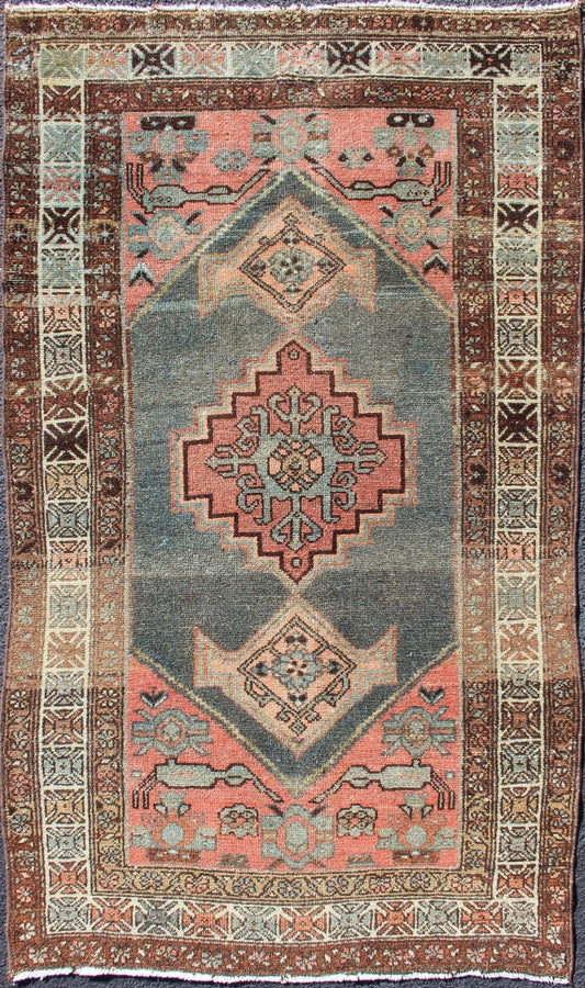 Antique Persian Hamadan Rug with Large Medallion in Pink and Green and Brown. Pastel colored Persian Hamedan antique rug with large floral motifs, rug 19 - 0302, country of origin / type: Iran / Hamadan, circa 1920 This beautiful antique early... - Keivan Woven Arts19 - 0302 - 11269Rug