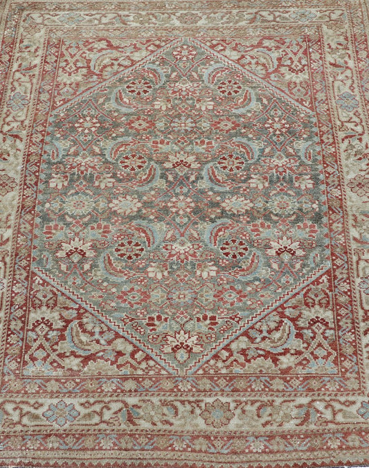 Squared Shape Antique Persian Fine Hamadan Rug with All Over Geometric Design Antique Persian Hamadan rug with colorful geometric design in gray, green and red, rug 19 - 0307, country of origin / type: Iran / Hamadan, circa 1910. This antiq... - Keivan Woven Arts19 - 0307 - 11273Rug
