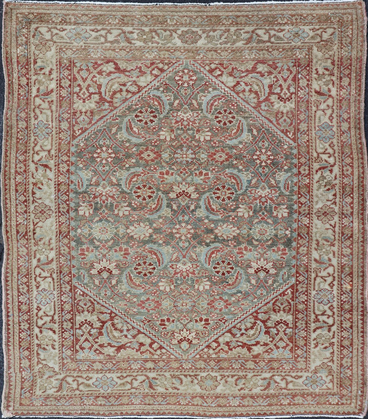 Squared Shape Antique Persian Fine Hamadan Rug with All Over Geometric Design Antique Persian Hamadan rug with colorful geometric design in gray, green and red, rug 19 - 0307, country of origin / type: Iran / Hamadan, circa 1910. This antiq... - Keivan Woven Arts19 - 0307 - 11273Rug