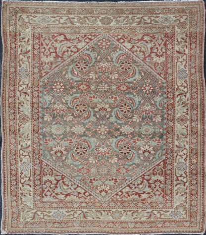 Squared Shape Antique Persian Fine Hamadan Rug with All Over Geometric Design Antique Persian Hamadan rug with colorful geometric design in gray, green and red, rug 19 - 0307, country of origin / type: Iran / Hamadan, circa 1910. This antiq... - Keivan Woven Arts19 - 0307 - 11273Rug