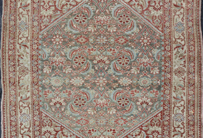 Squared Shape Antique Persian Fine Hamadan Rug with All Over Geometric Design Antique Persian Hamadan rug with colorful geometric design in gray, green and red, rug 19 - 0307, country of origin / type: Iran / Hamadan, circa 1910. This antiq... - Keivan Woven Arts19 - 0307 - 11273Rug