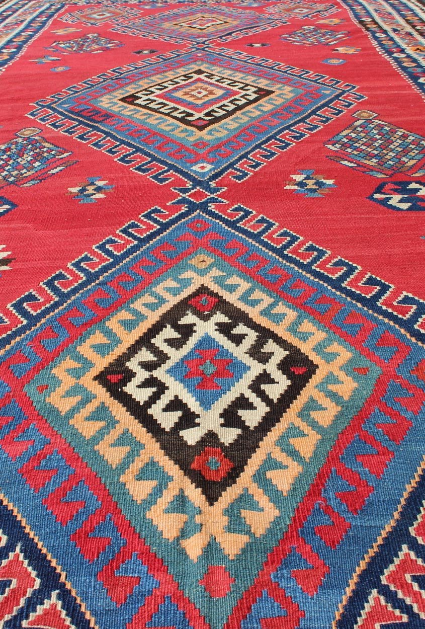 Vibrant color - toned Geometric Design Kilim Runner antique Qashqai Kilim Gallery from Persia, rug 19 - 0402, country of origin / type: Iran / Kilim, circa 1920 Featuring a geometric diamond medallion design, with complementary geometric motifs thro... - Keivan Woven Arts19 - 0402 - 2720Rug