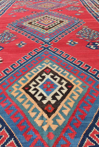Vibrant color - toned Geometric Design Kilim Runner antique Qashqai Kilim Gallery from Persia, rug 19 - 0402, country of origin / type: Iran / Kilim, circa 1920 Featuring a geometric diamond medallion design, with complementary geometric motifs thro... - Keivan Woven Arts19 - 0402 - 2720Rug